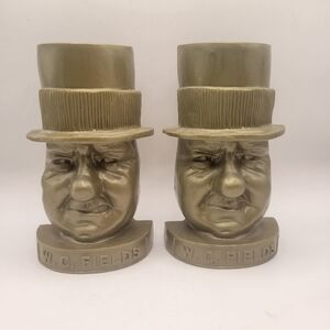 Vintage W.C. Fields Bust Bookends 1970s Plastic Sand Filled Eclectic Library